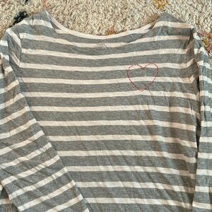 Striped 3/4 Sleeve Too with Heart Embroidery